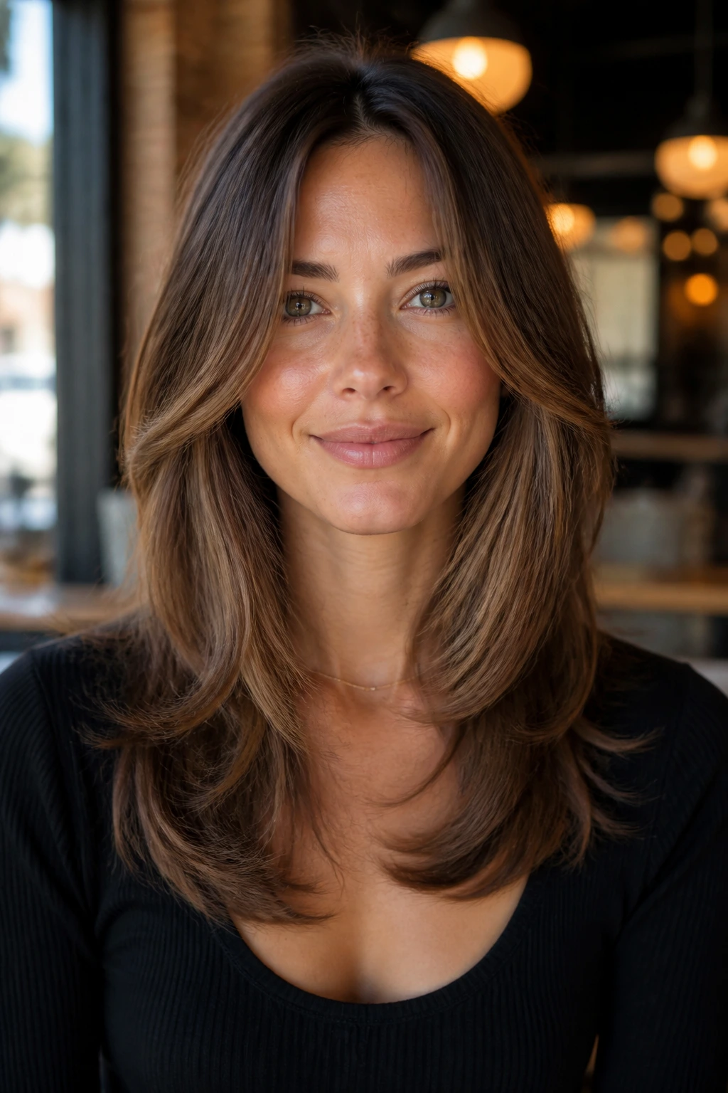 Close-up portrait of a real woman with a gentle U-shaped cut and soft front pieces