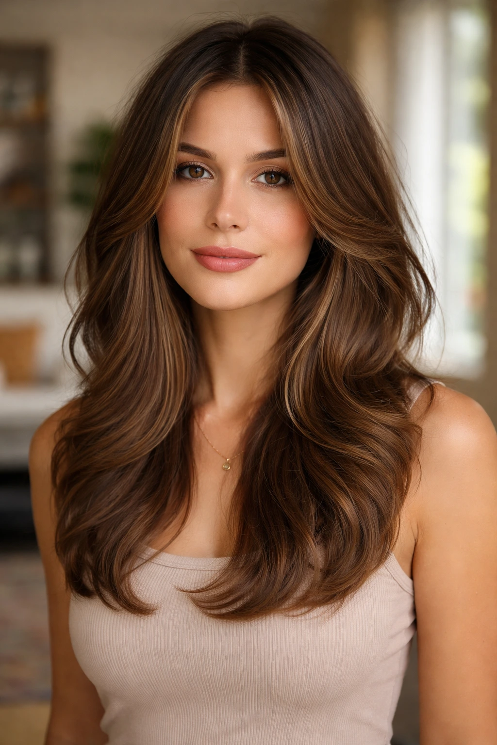 Portrait of real woman with U-shaped cut and long face-framing layers starting at cheekbone.