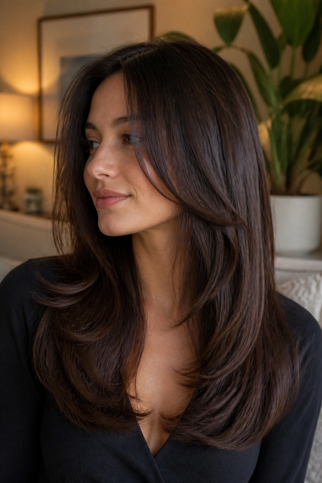 Portrait of a real woman with a U-shaped cut and hidden movement.