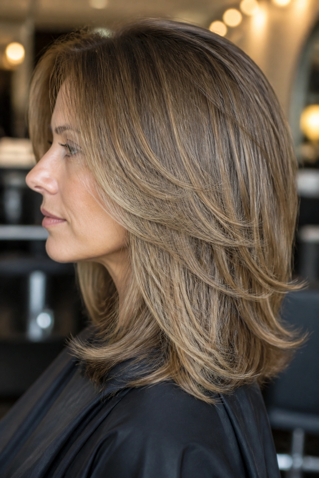 Side-profile of a real woman with a U-shaped cut and internal graduation for lift