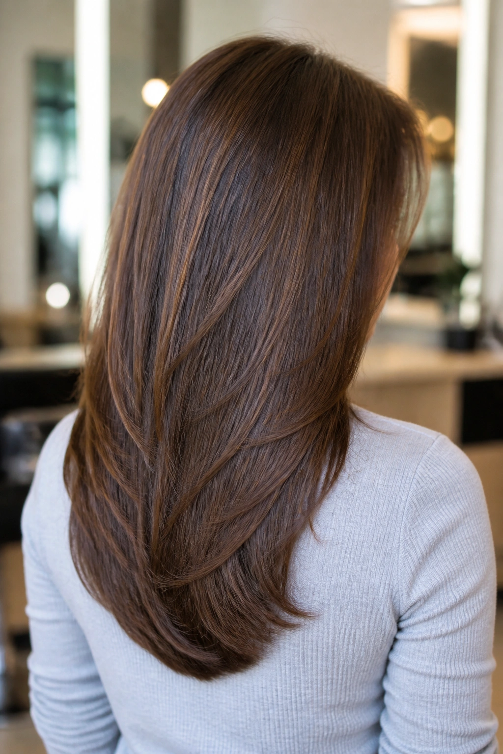 Back-of-head view of a real woman with a U-shaped cut and invisible layers in brown hair.