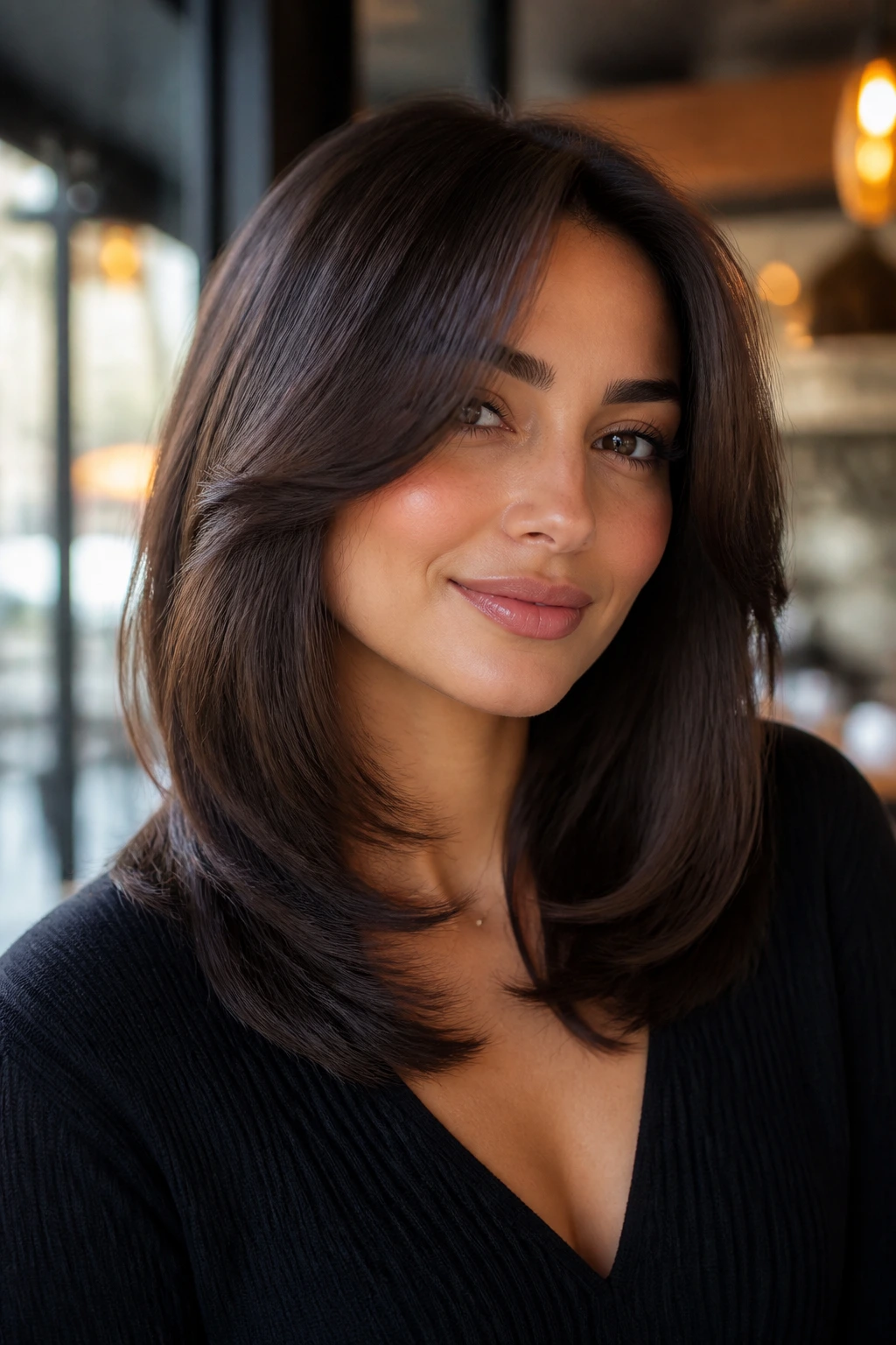 Real woman with a U-shaped cut and face-framing layers