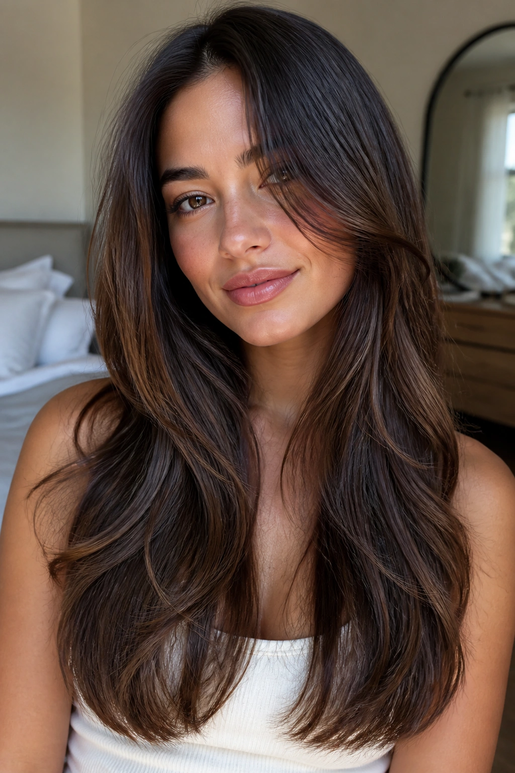 Close-up portrait of a real woman with a soft U-shaped back and long front pieces