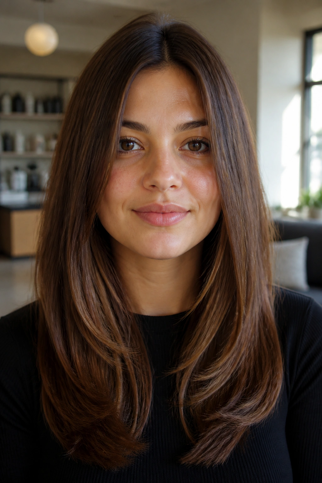 Portrait of a real person with a U-shaped haircut for a round face in a softly lit space