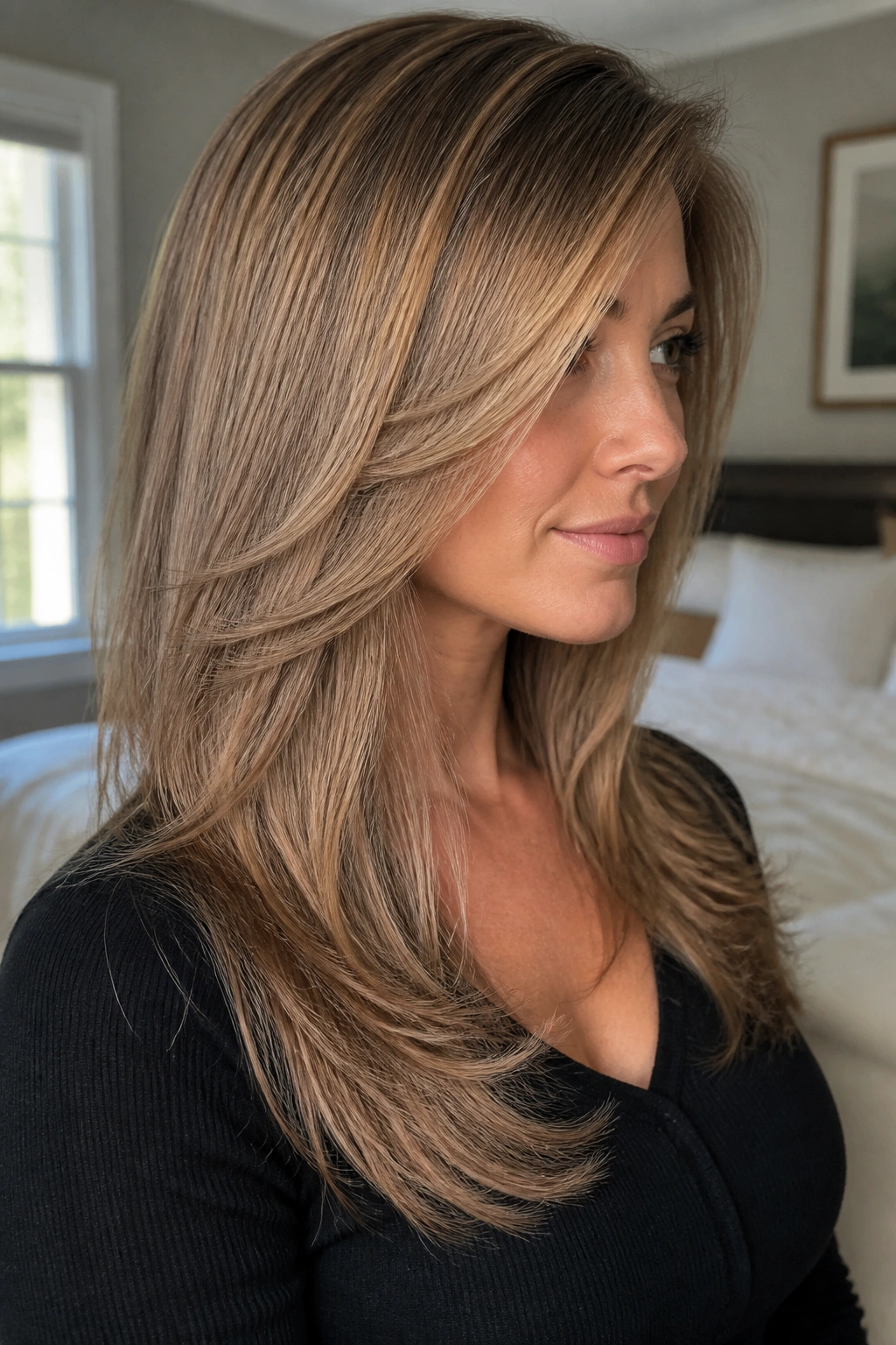 Close-up portrait of a real woman wearing a U-shaped cut with a side sweep.