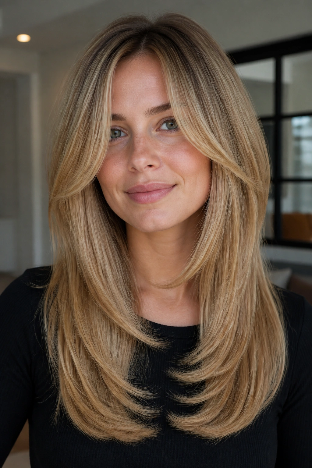 Real woman with U-shaped cut and soft ends in modern interior.