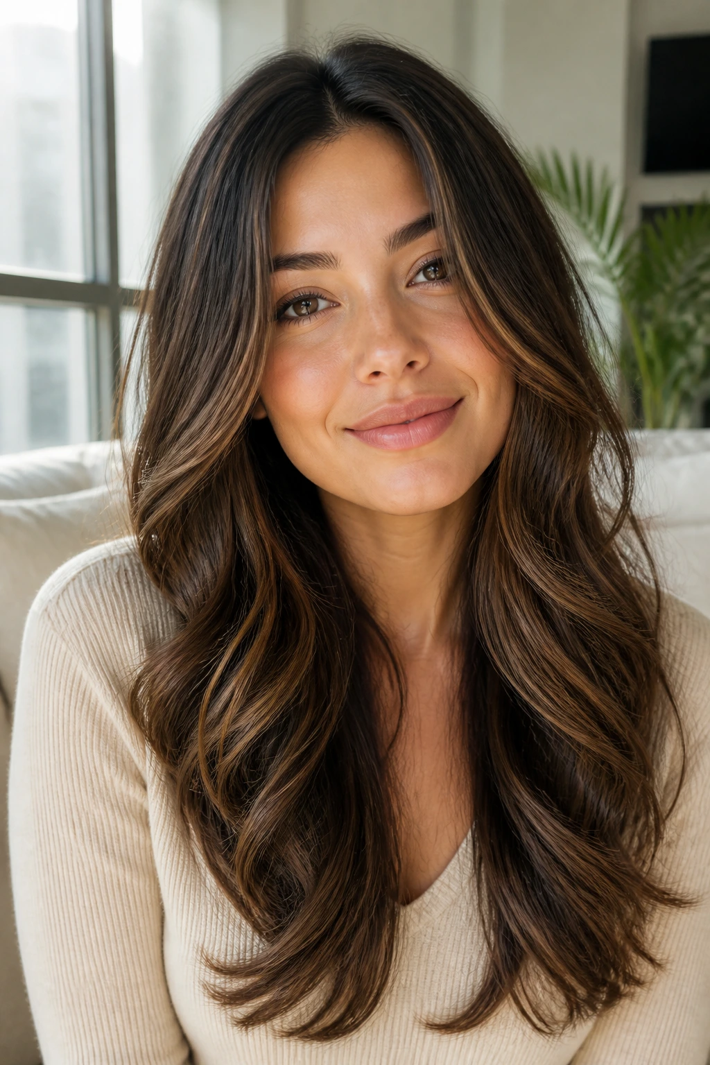 Close-up of a real woman with a long U-shaped cut and loose waves