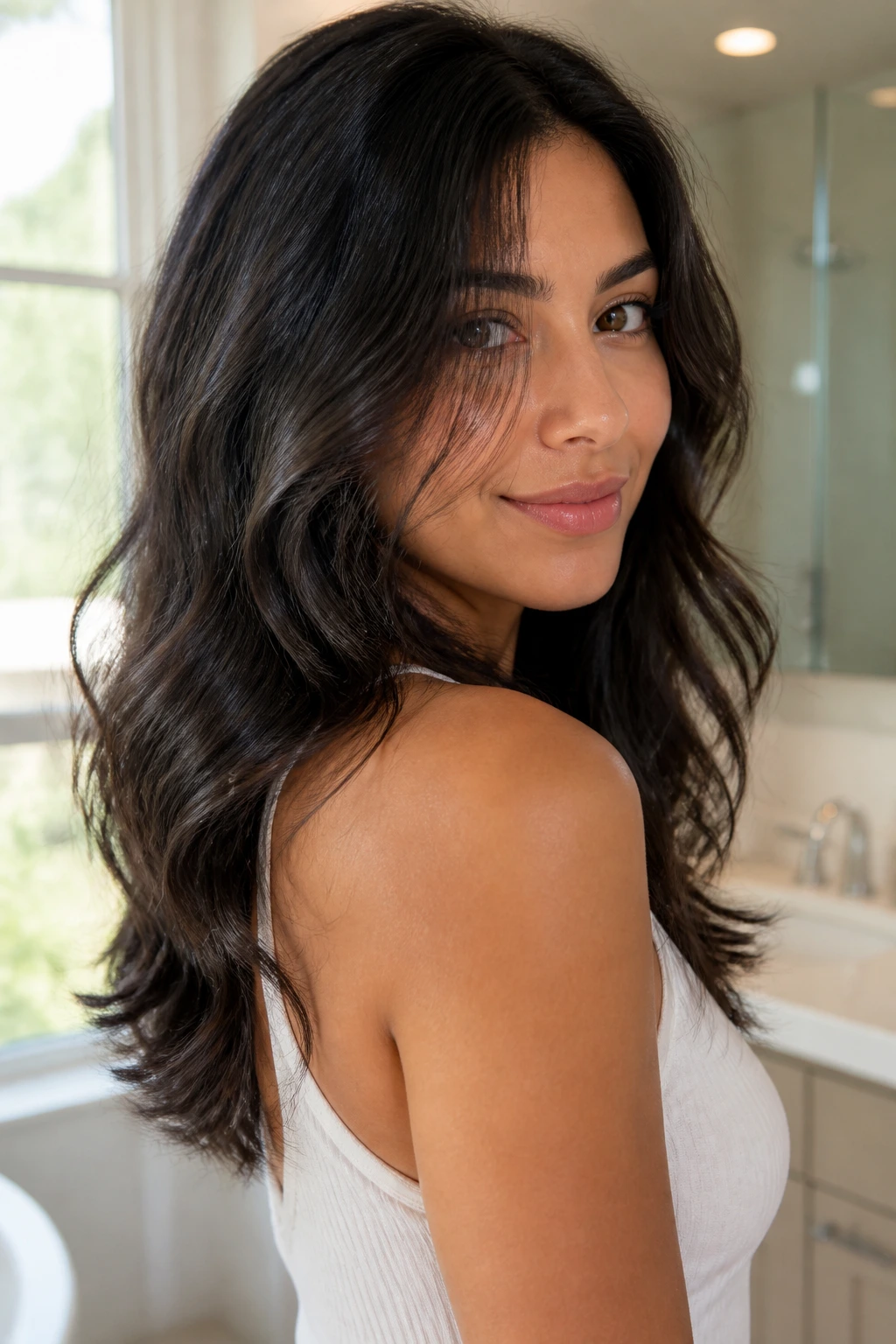 Real woman with U-shaped cut and loose waves in bright daylight