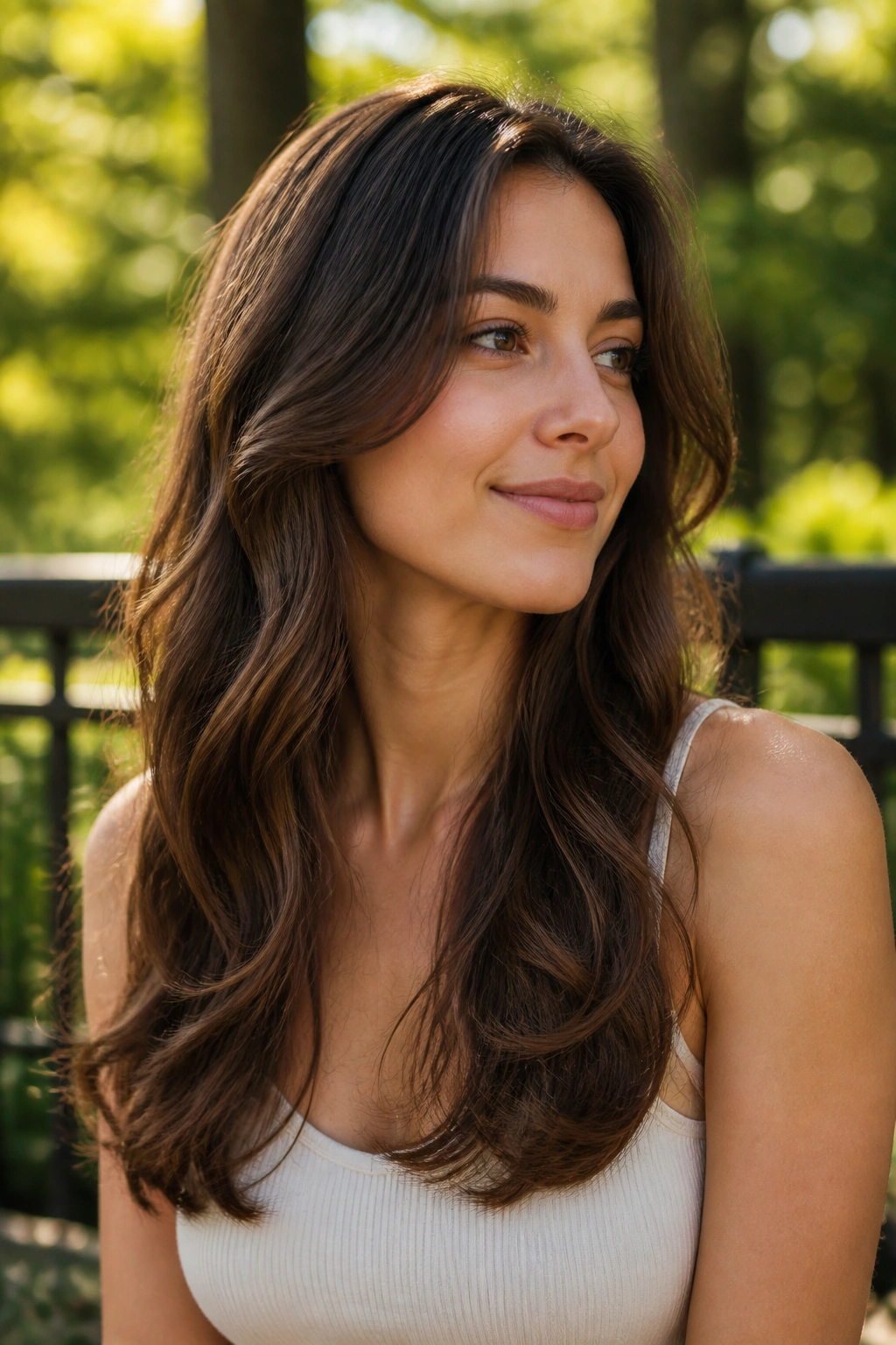 Real woman with U-shaped cut showing a gentle curve and long waves.