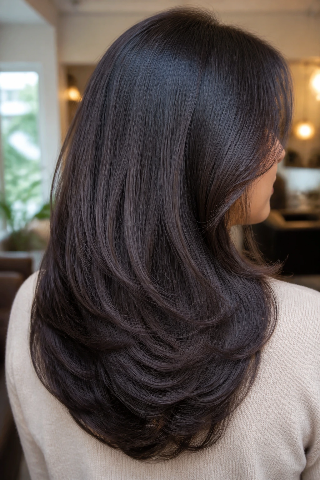 Back of head showing U-shaped cut with internal weight removal on thick hair.