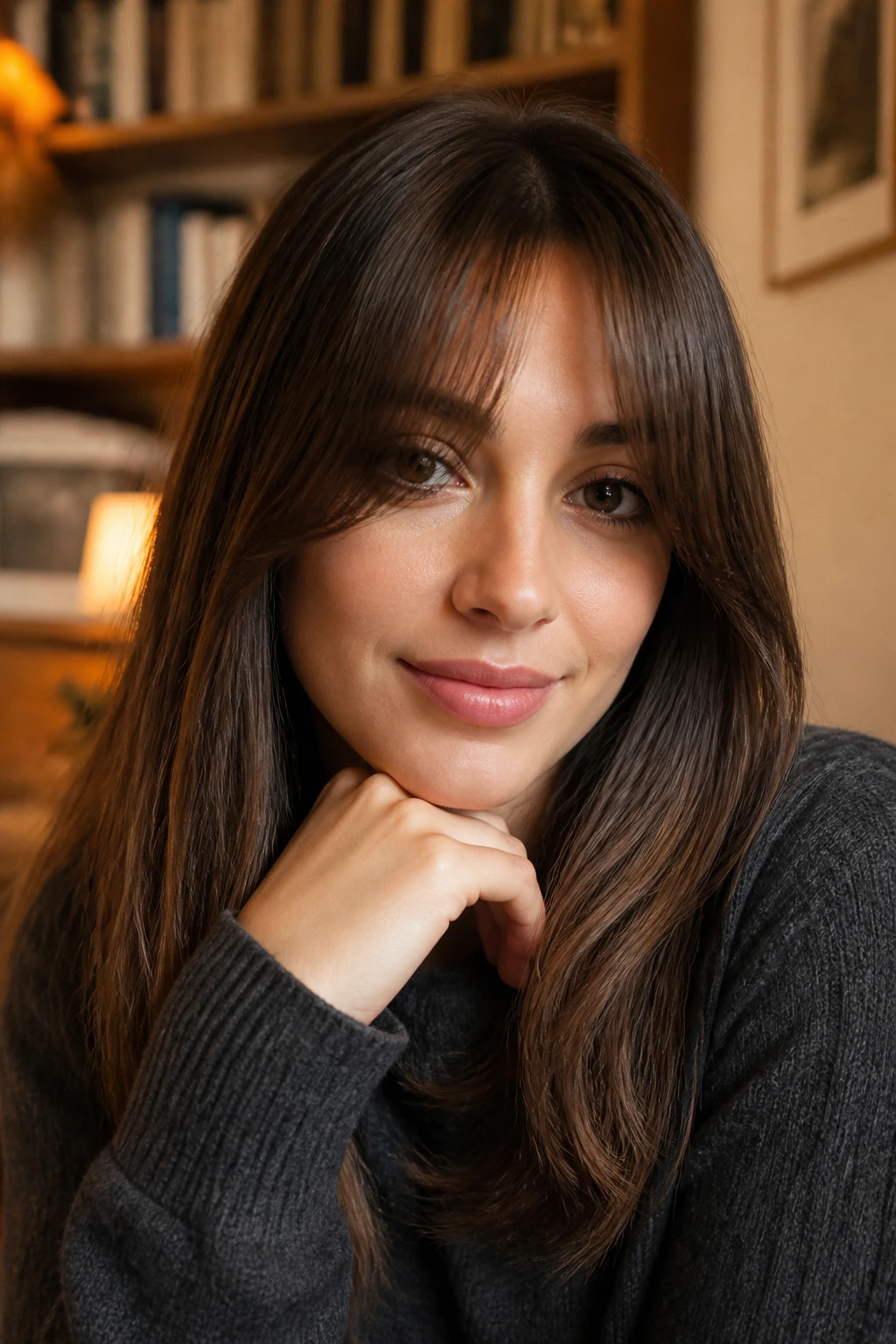 Portrait of a real person with a U-shaped fringe in warm ambient light