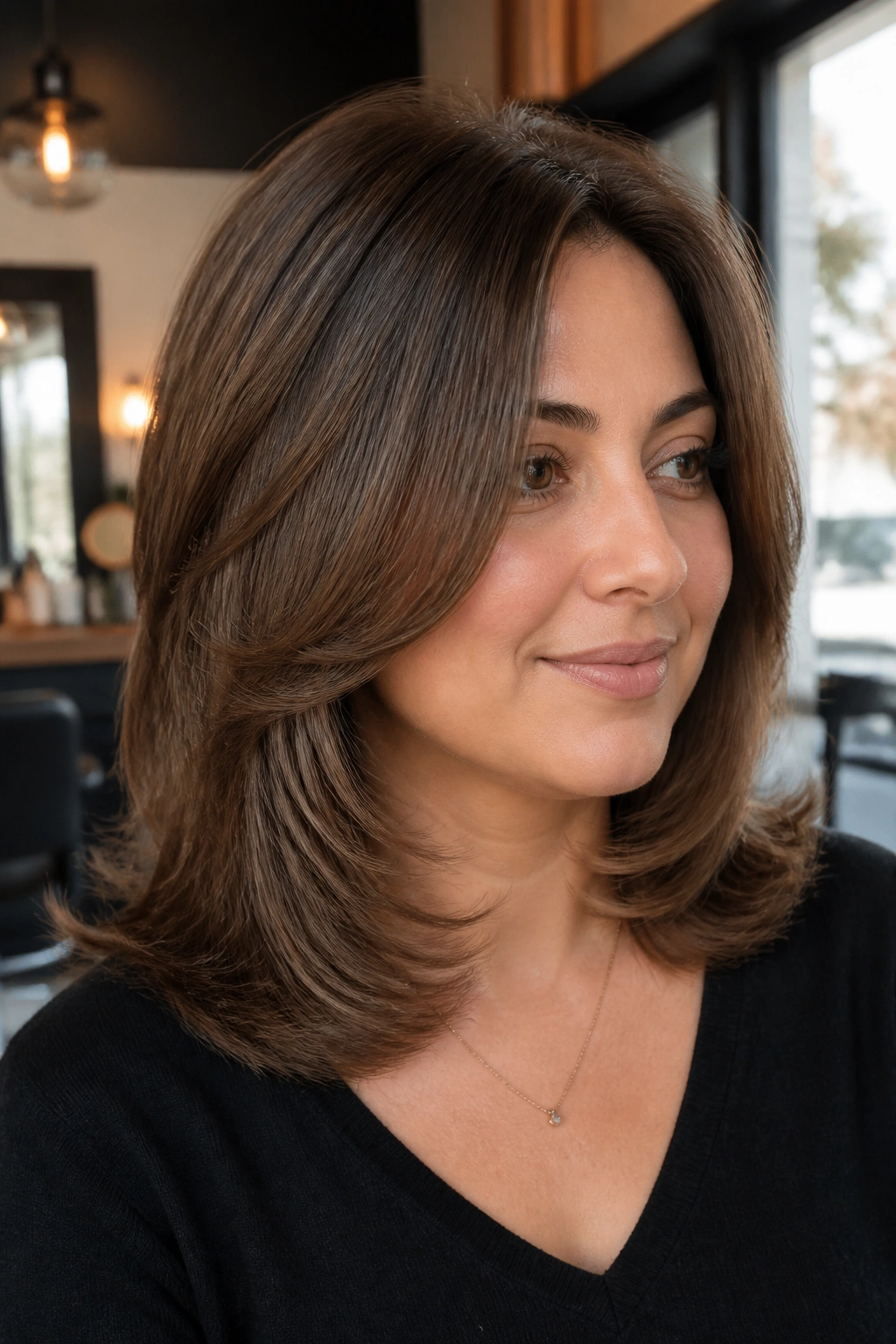 Close-up portrait of a real woman with a U-Shaped Medium Cut with Crown Lift