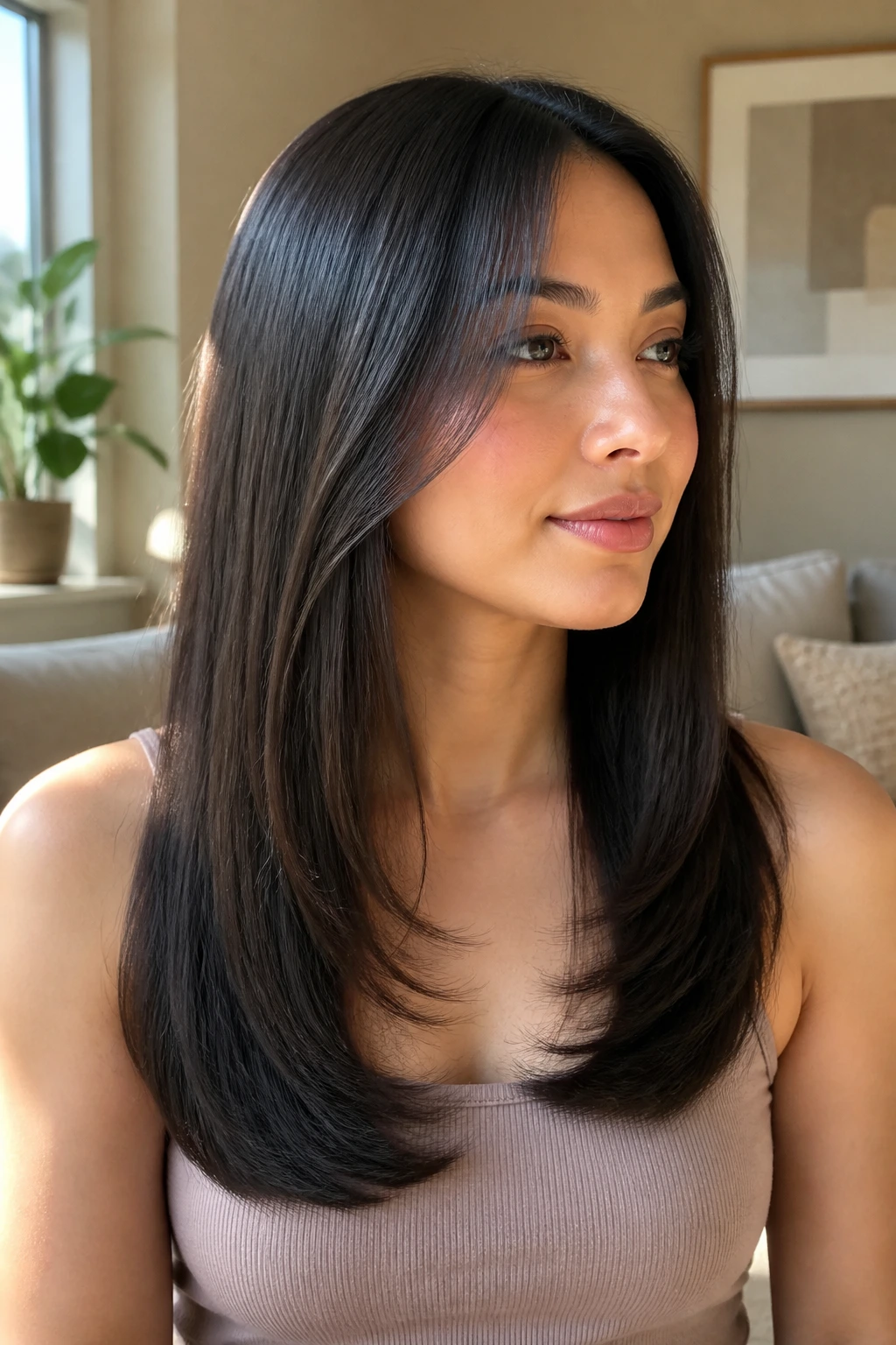 Close-up of a real woman with a U-shaped long cut and smooth beveled ends