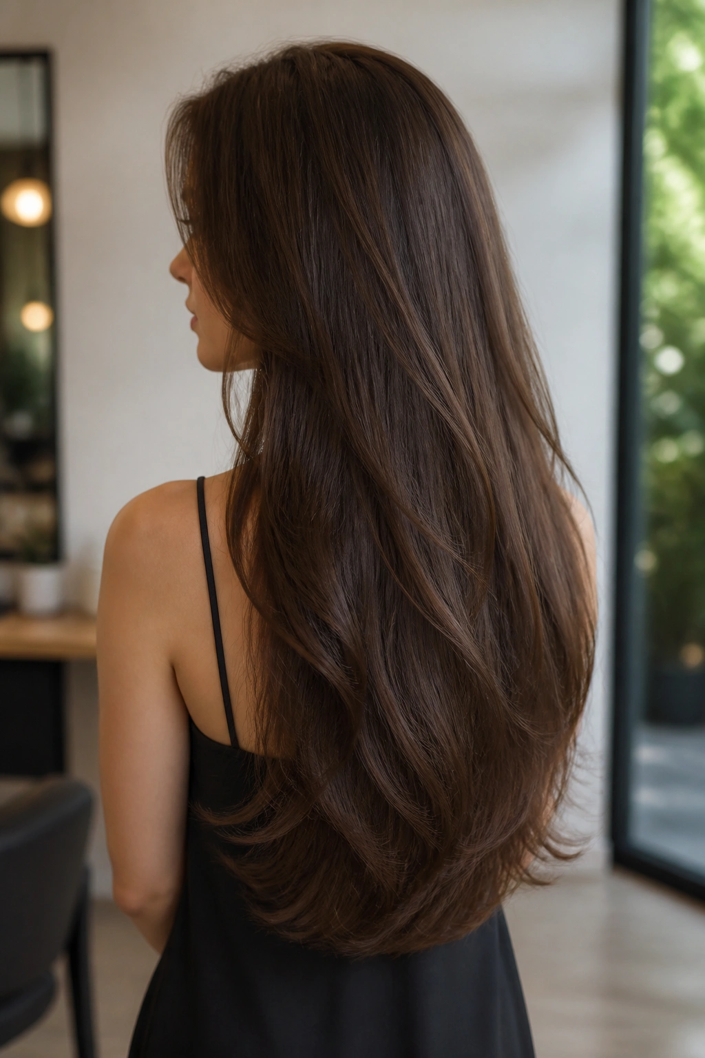 Rear three-quarter view of a woman with a U-shaped hem in long brown hair.