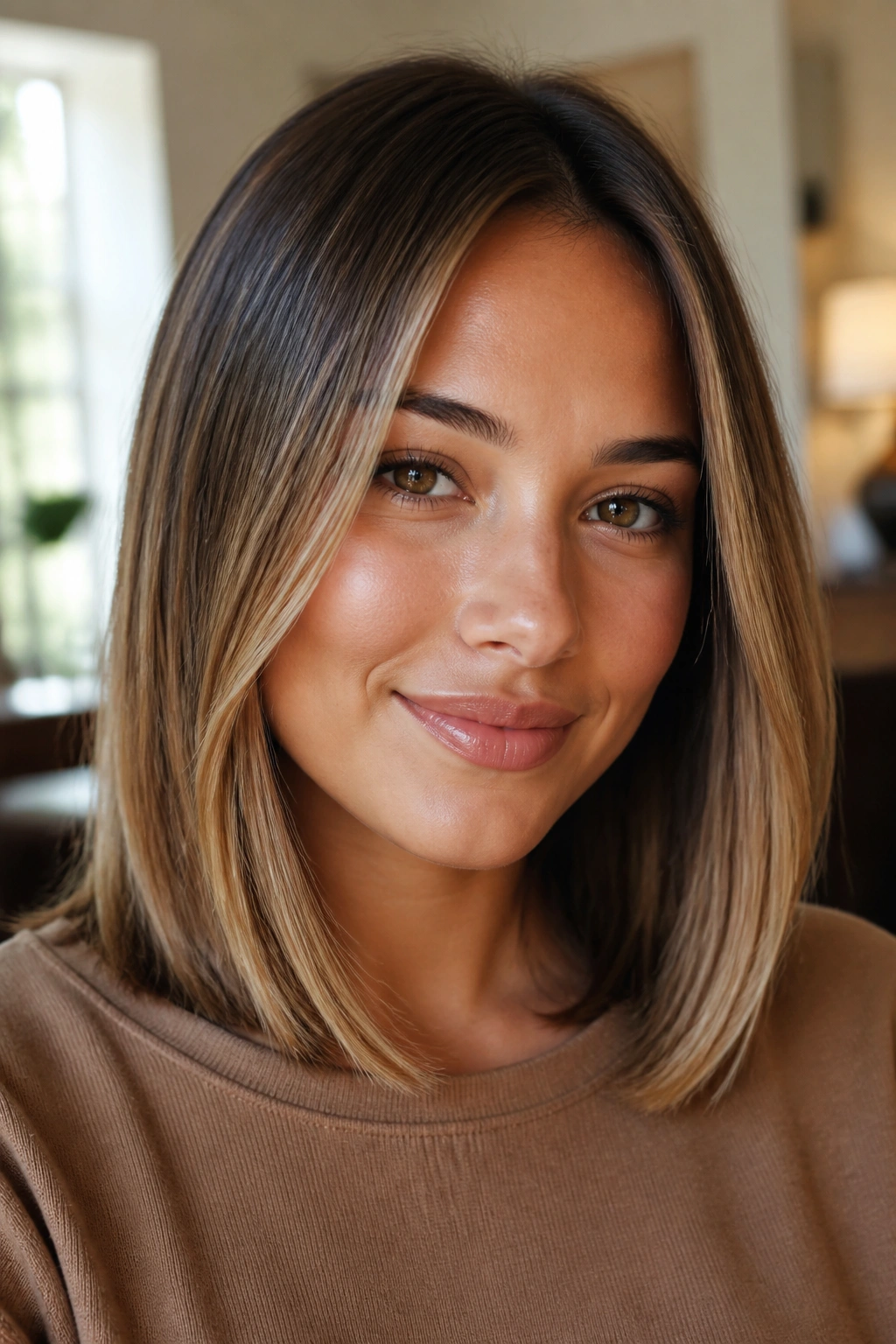 Close-up of a real woman with a U-shaped highlight pattern on shoulder-length hair