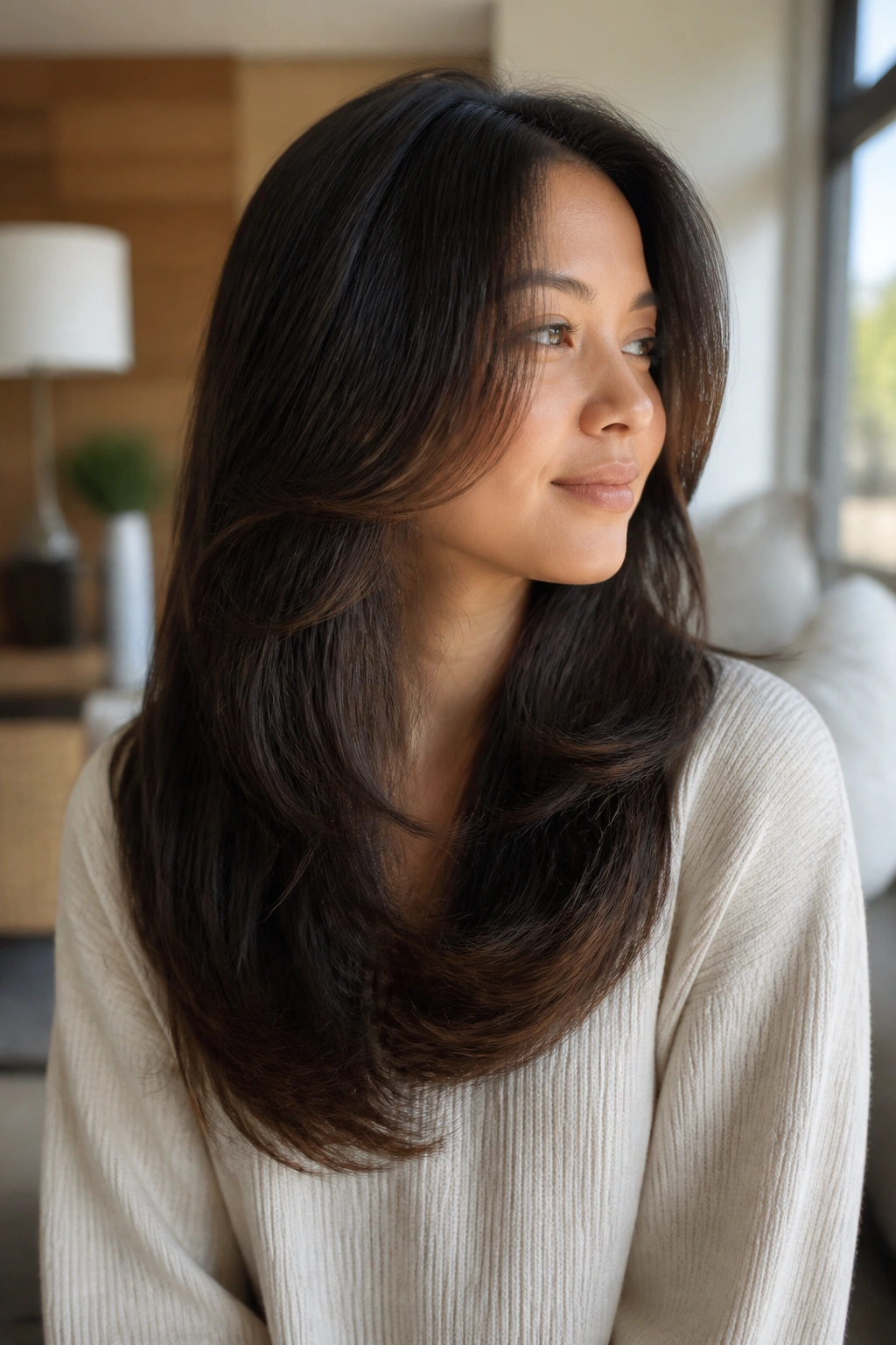 Close-up of a real woman with U-shaped layers and full ends