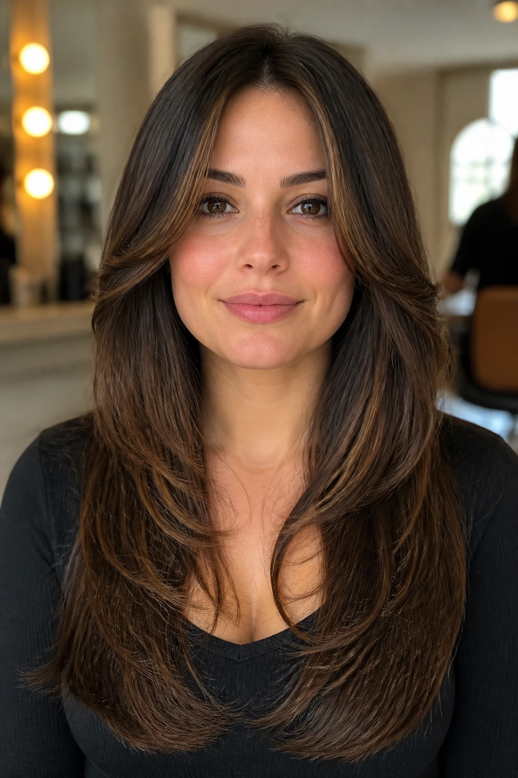 Close-up portrait of a real woman with U-shaped long layers and face-frame pieces
