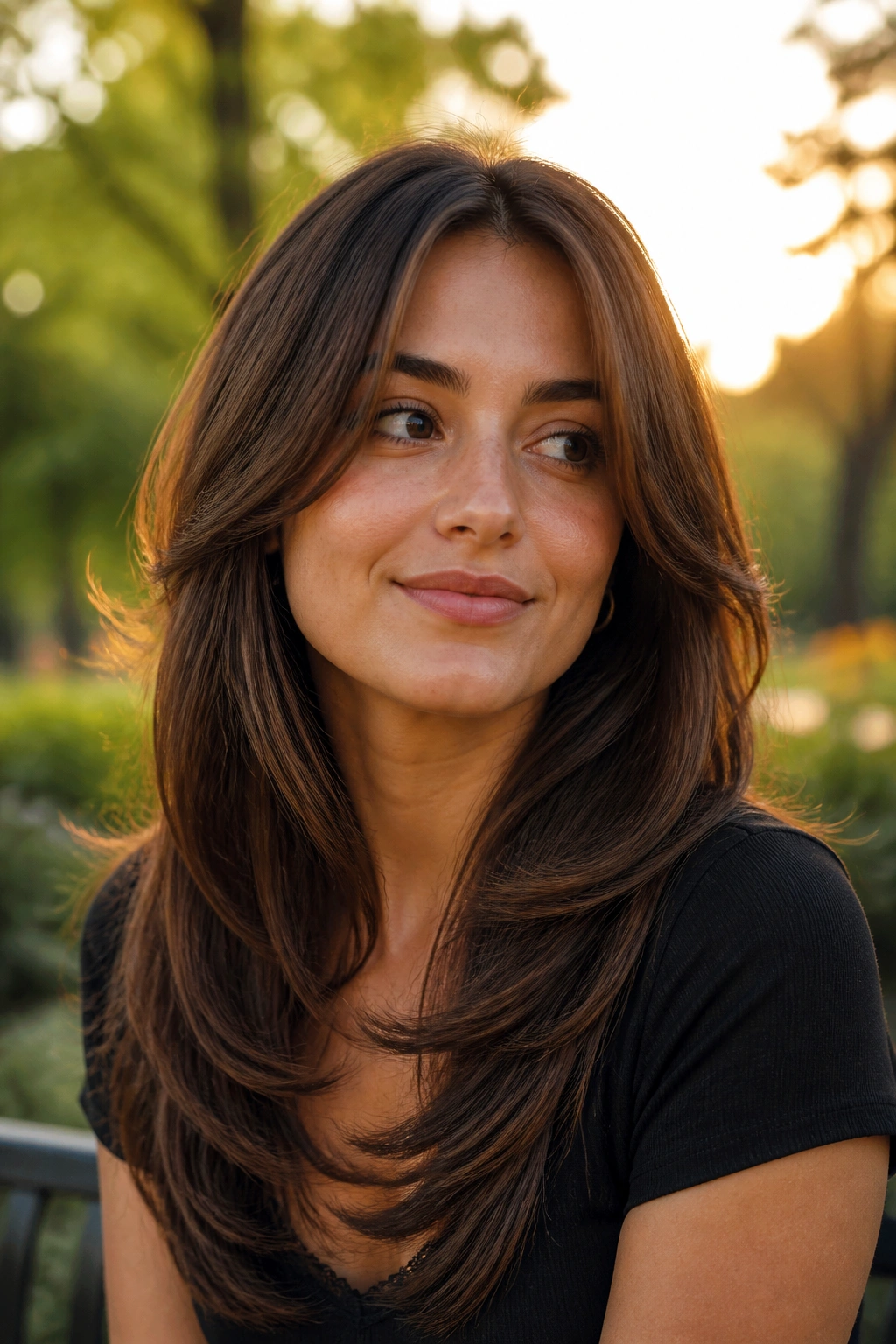 Close-up of brunette with subtle U-shaped layers and full ends in golden hour light