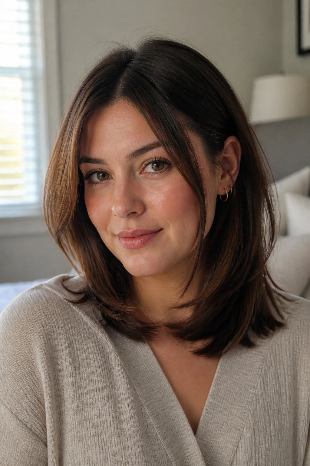 Close-up of a real woman with a U-shaped layered haircut, sides light and front pieces below the chin.