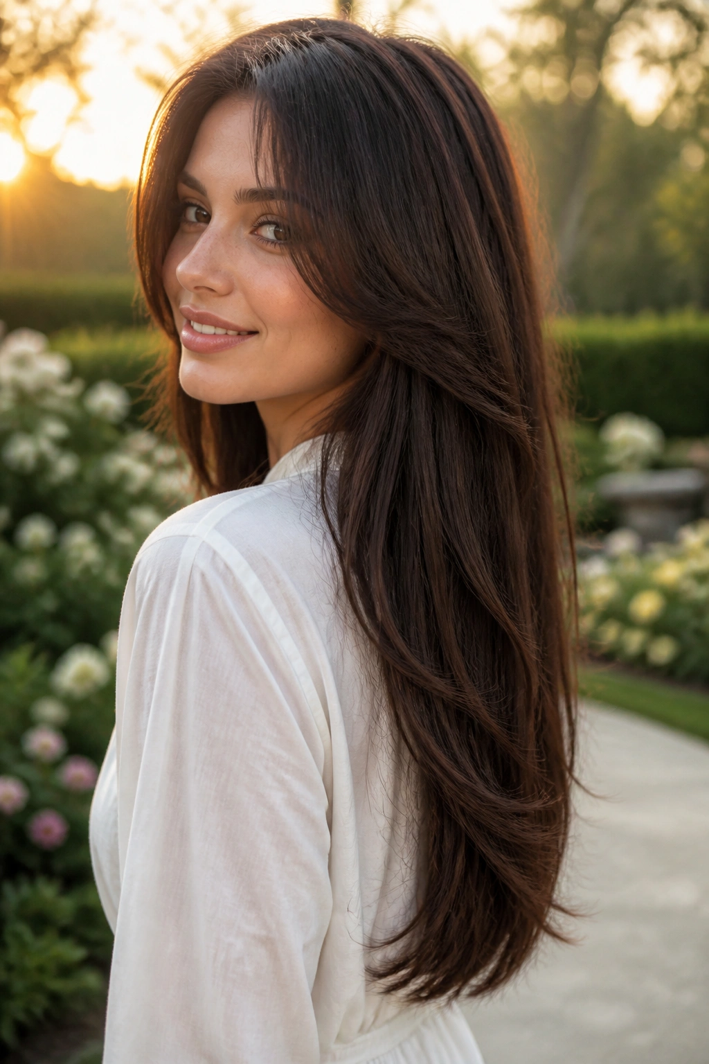 Close-up portrait of woman with U-shaped long layers in warm sunset light