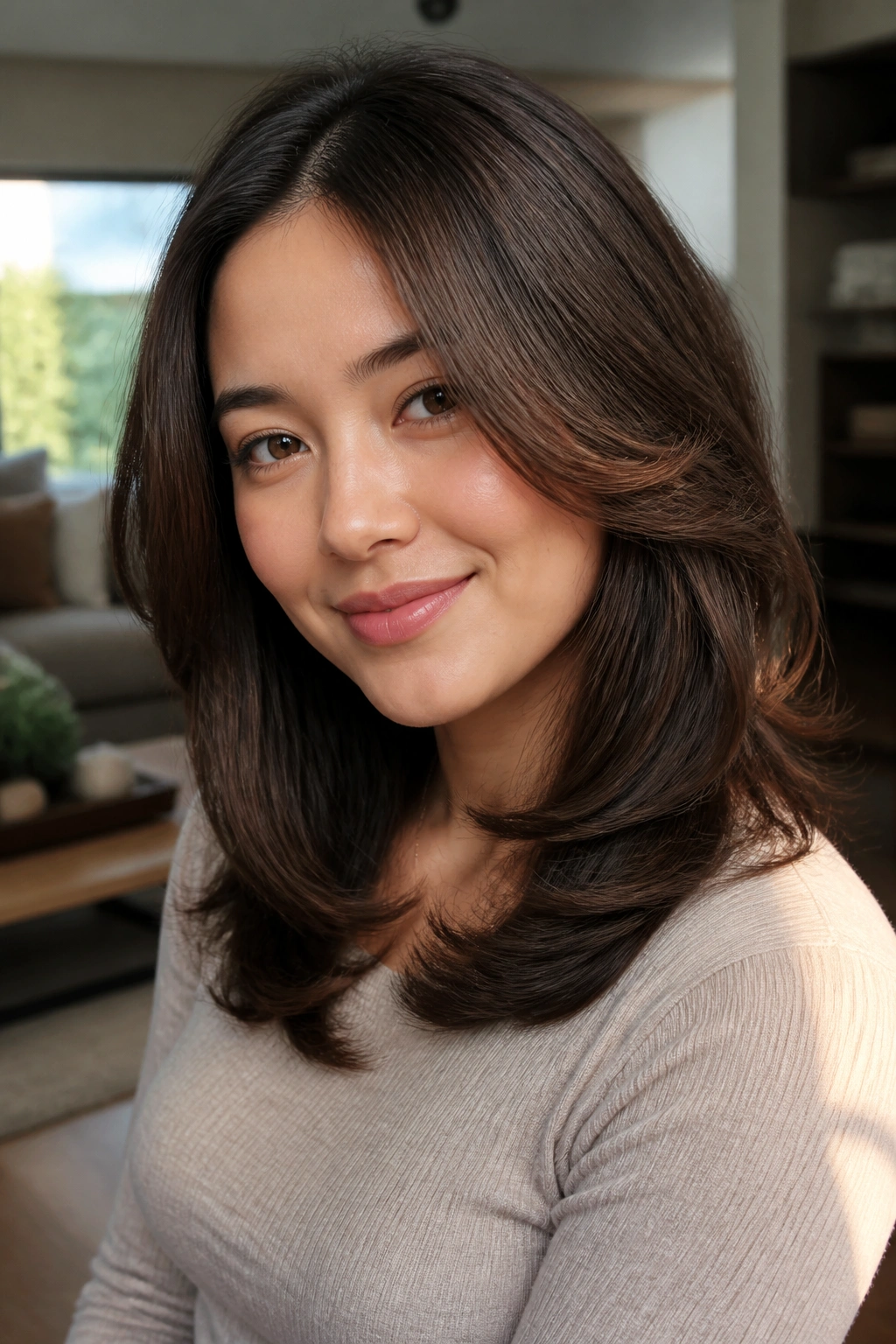 Real woman with U-shaped layered hair, medium length, soft tapered ends