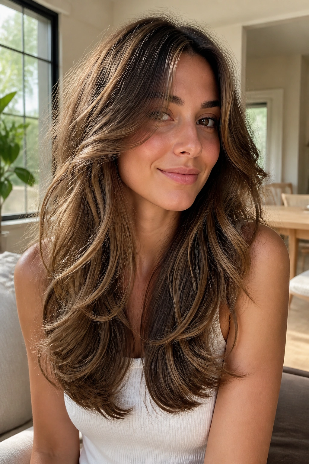 Close-up portrait of a real woman with U-shaped layers in a soft curved silhouette.