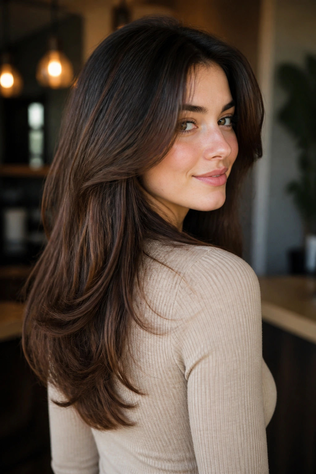 Real woman with U-shaped layered haircut showing a soft curved hemline at the back