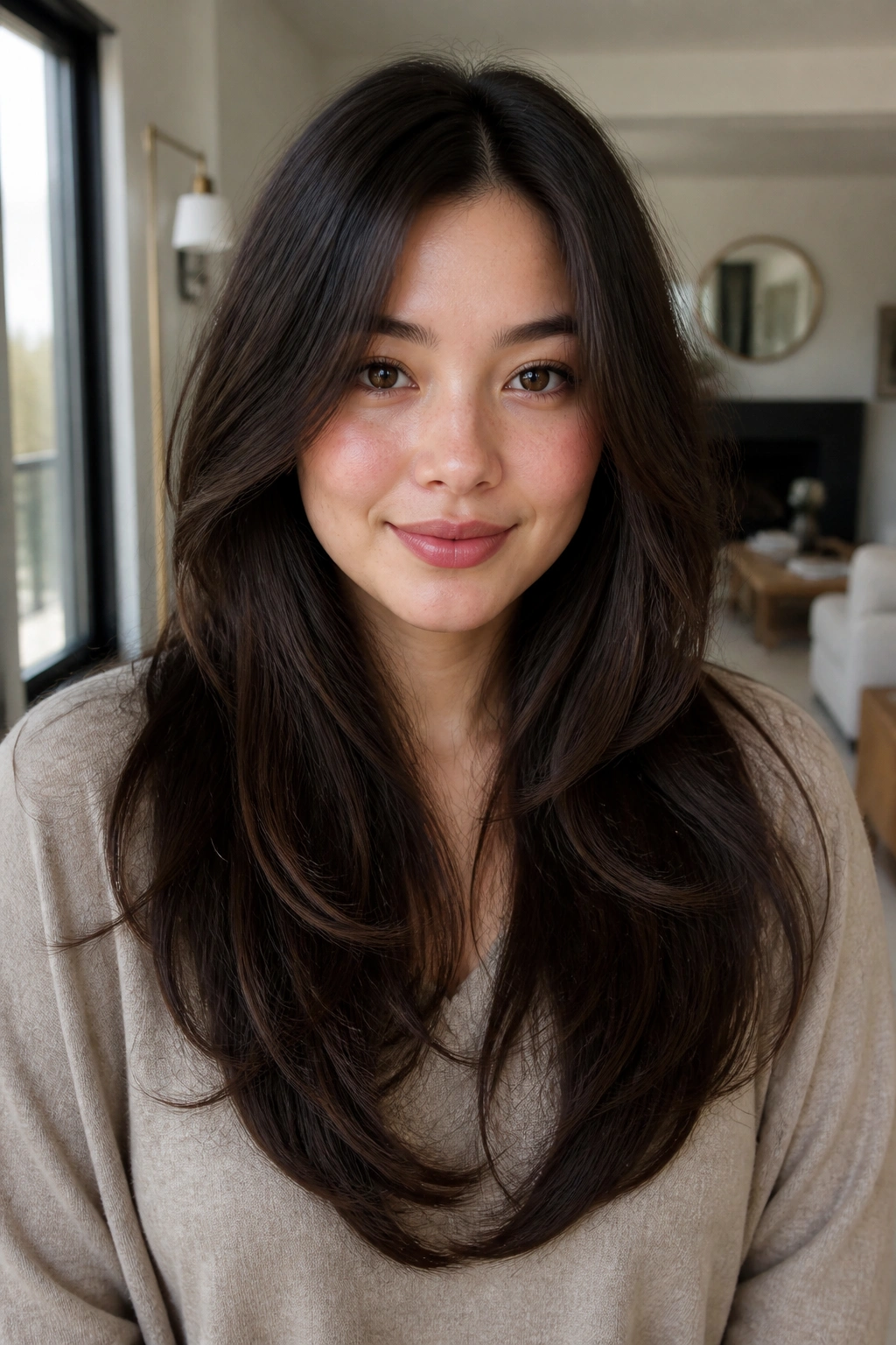 Real woman with soft U-shaped layered cut