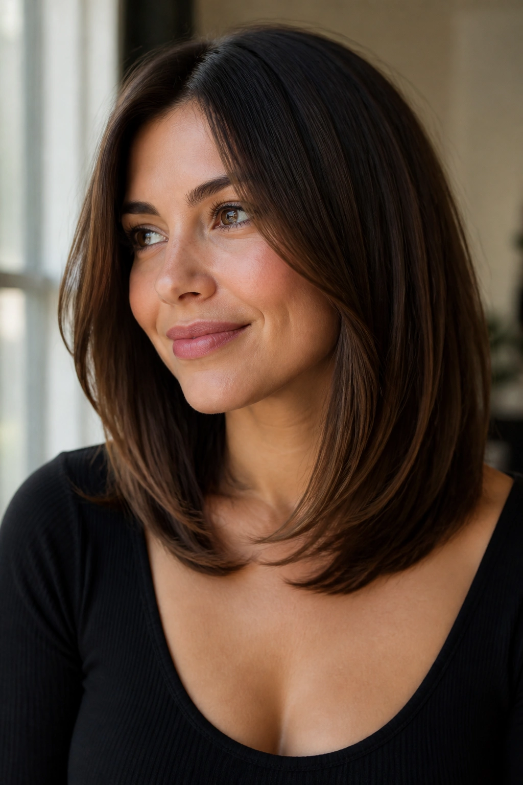 Brunette U-shaped lob close-up