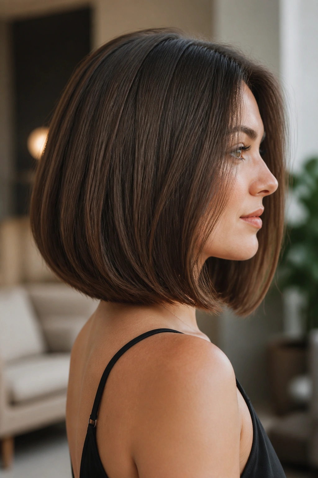 Portrait of a real woman with a soft U-shaped lob curving inward at the back