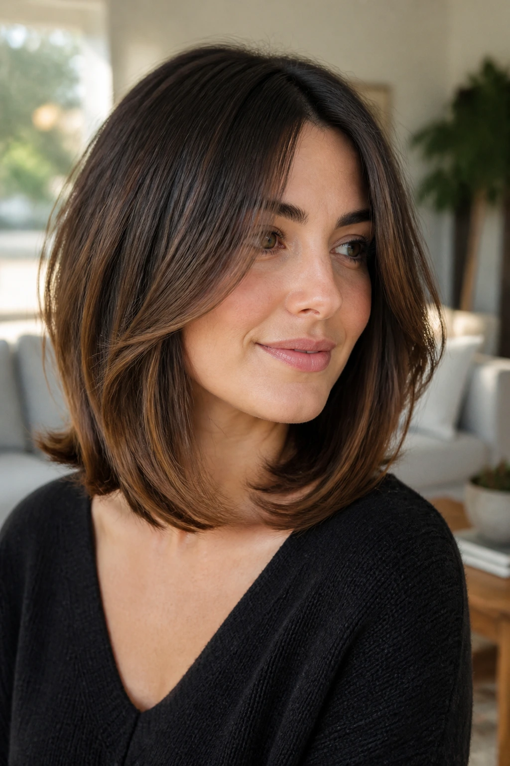 Close-up portrait of a real woman with a U-shaped long bob and soft interior layers