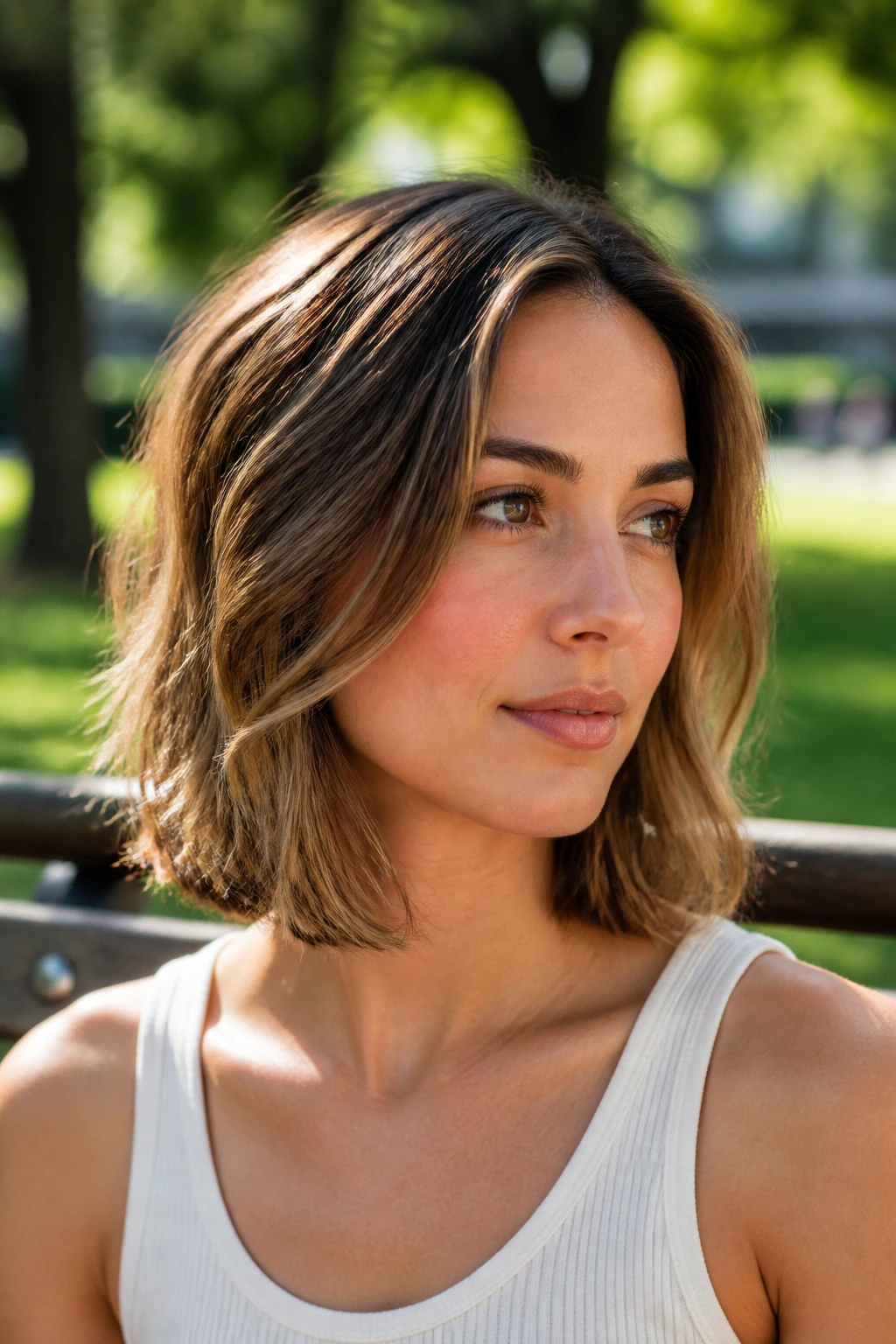 Portrait of a woman with a U-shaped lob and soft corners in park setting