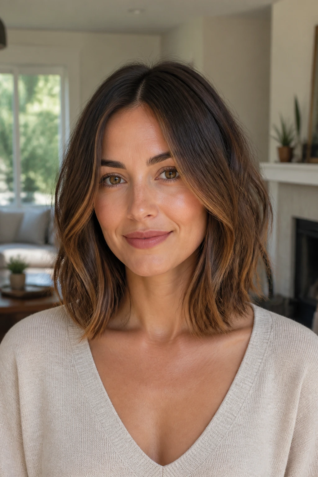 Head-and-shoulders portrait of a real person with a U-shaped lob and tapered ends.