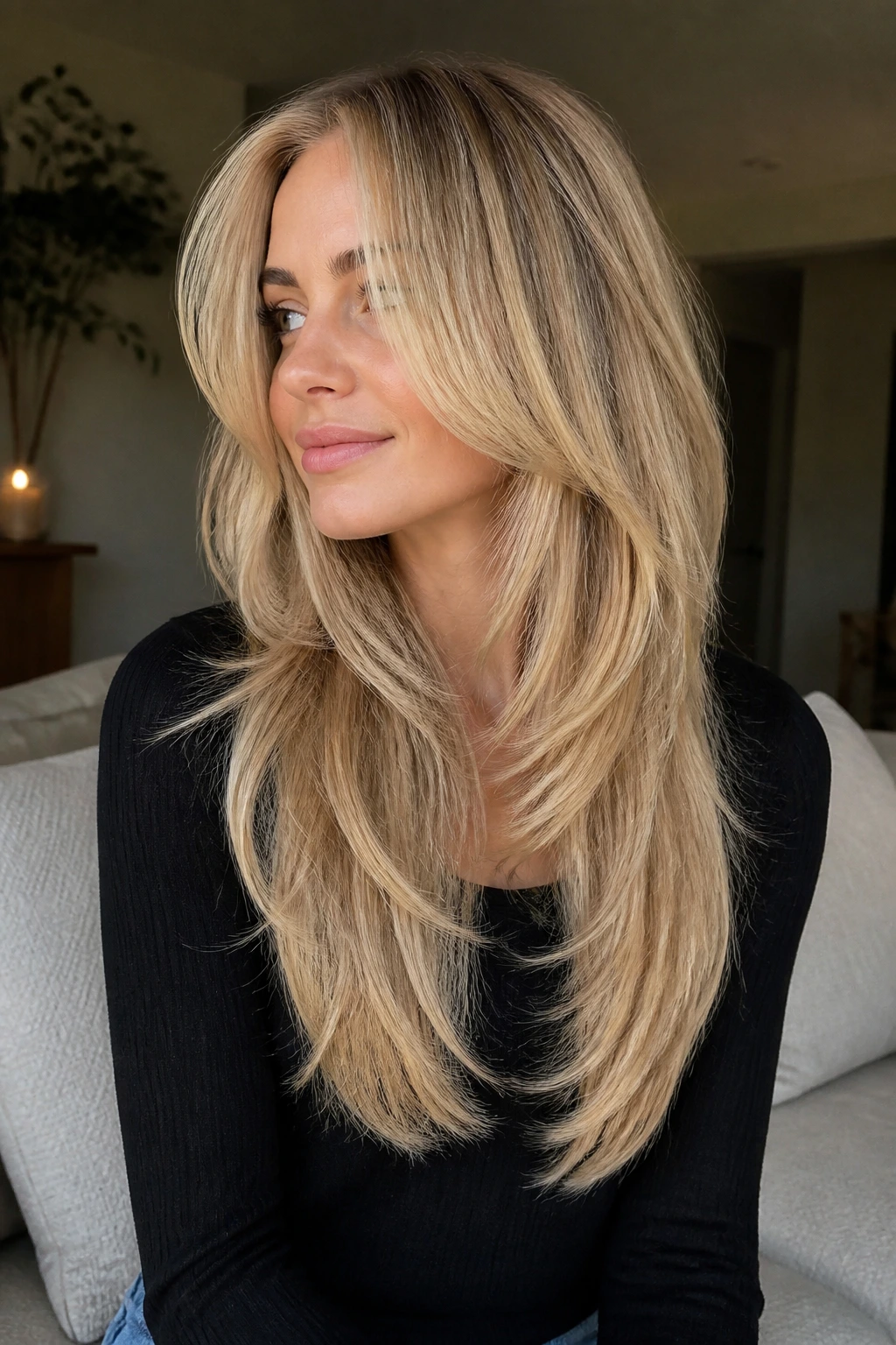Close-up of a real woman with U-shaped long blonde shag in a warm-lit living room