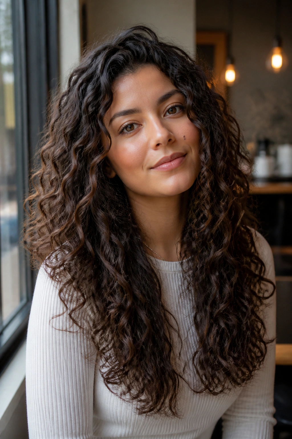 Close-up portrait of a real woman with a soft U-shaped long curly cut