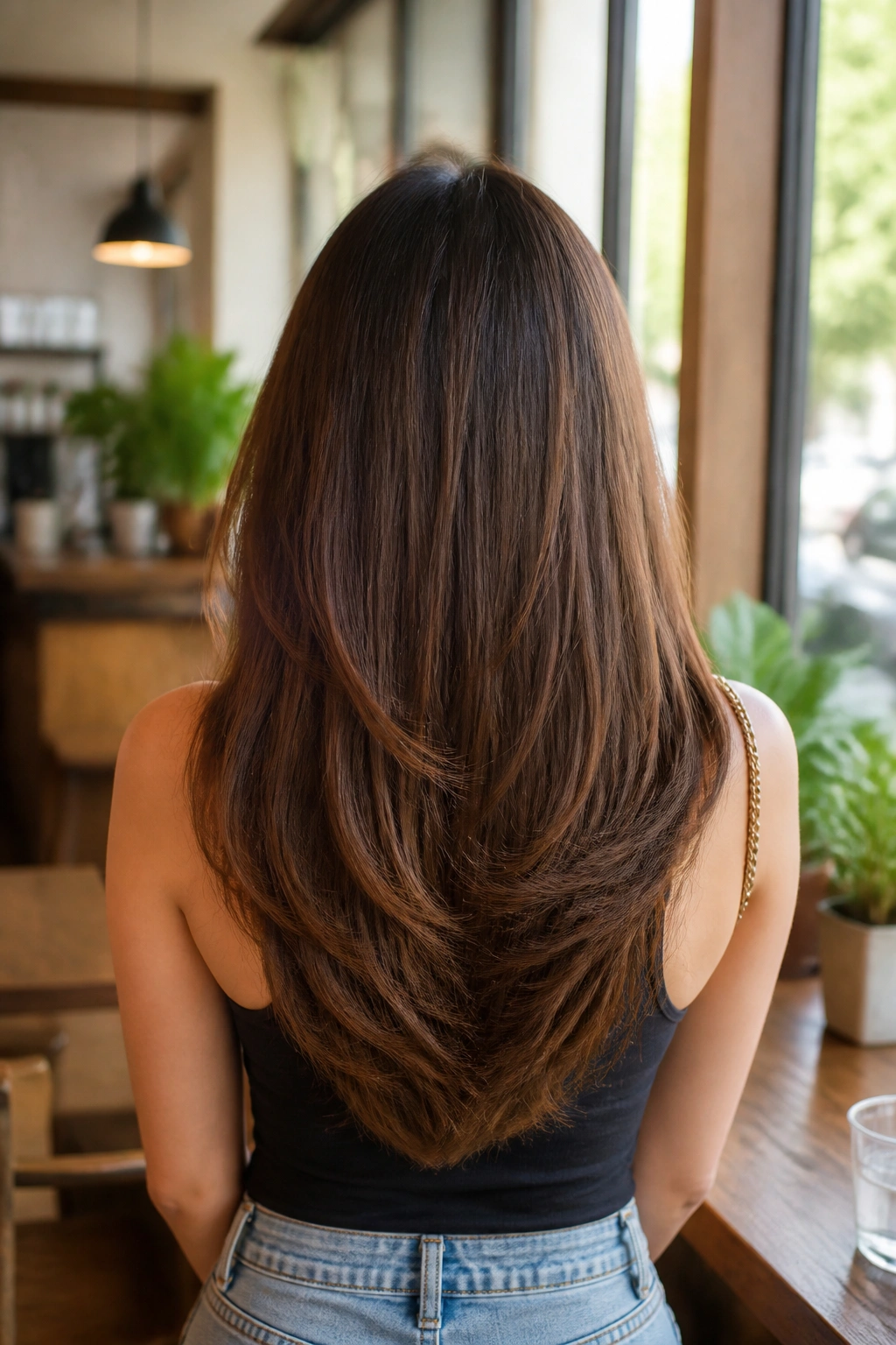 Back-of-head view showing U-shaped long cut in a sunny cafe