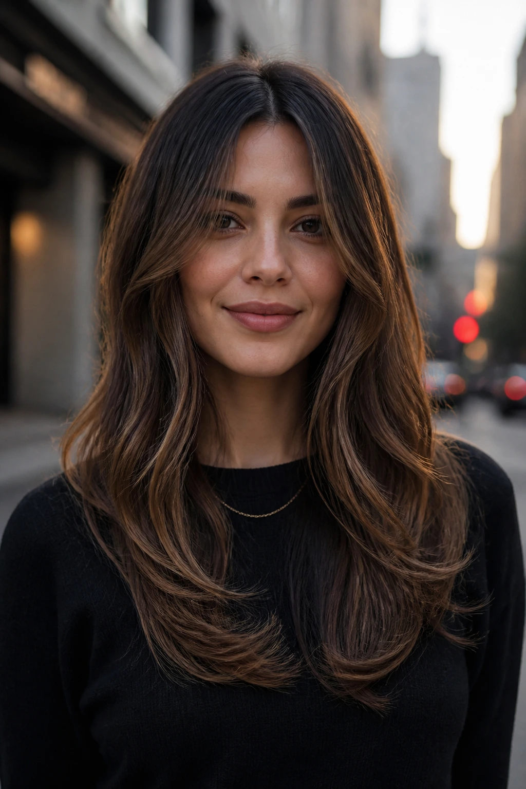 Close-up of a real woman with a U-shaped long cut and slim sides