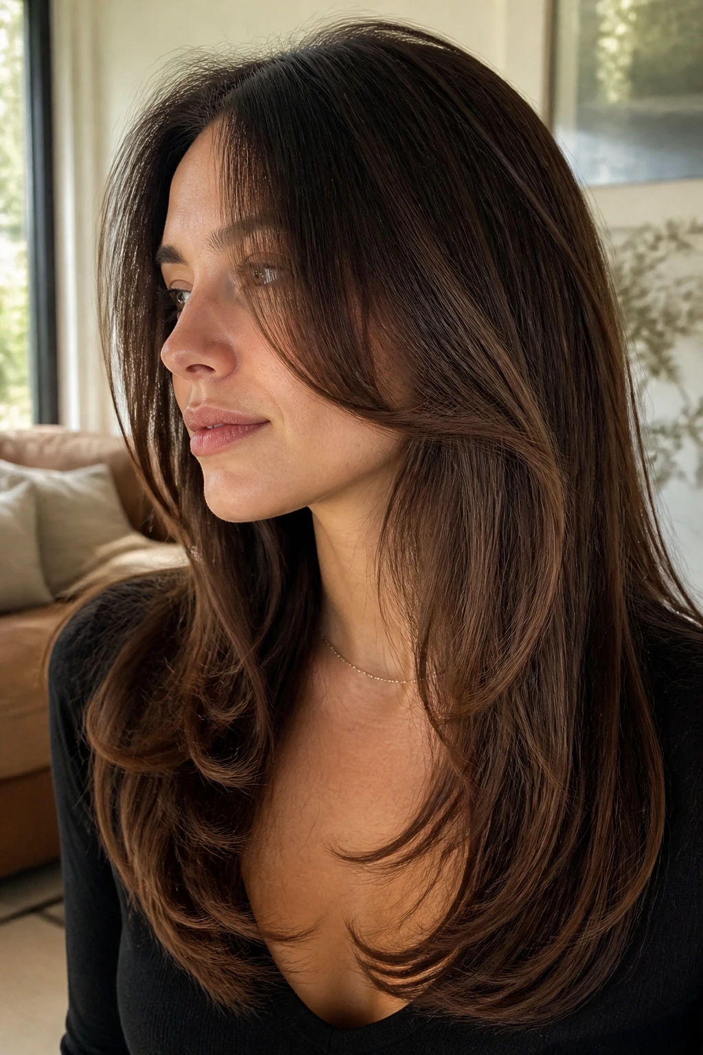 Close-up of real person with U-shaped long cut and soft face frame in natural daylight
