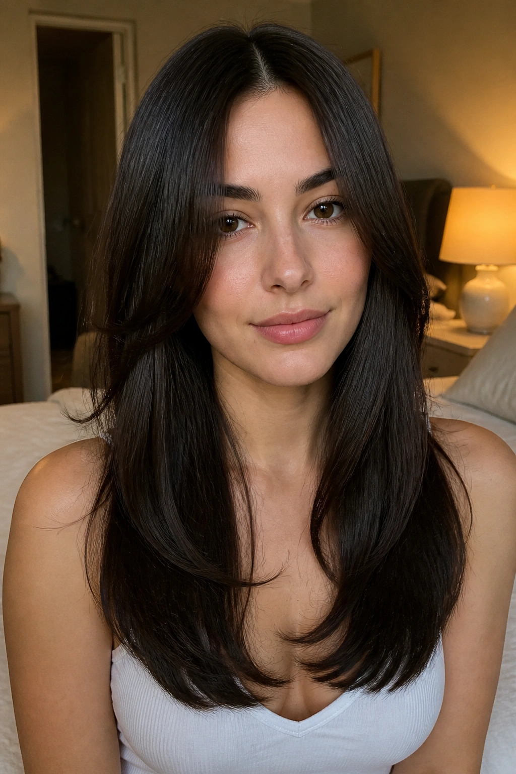 Close-up of real woman with U-shaped long cut and soft back curve