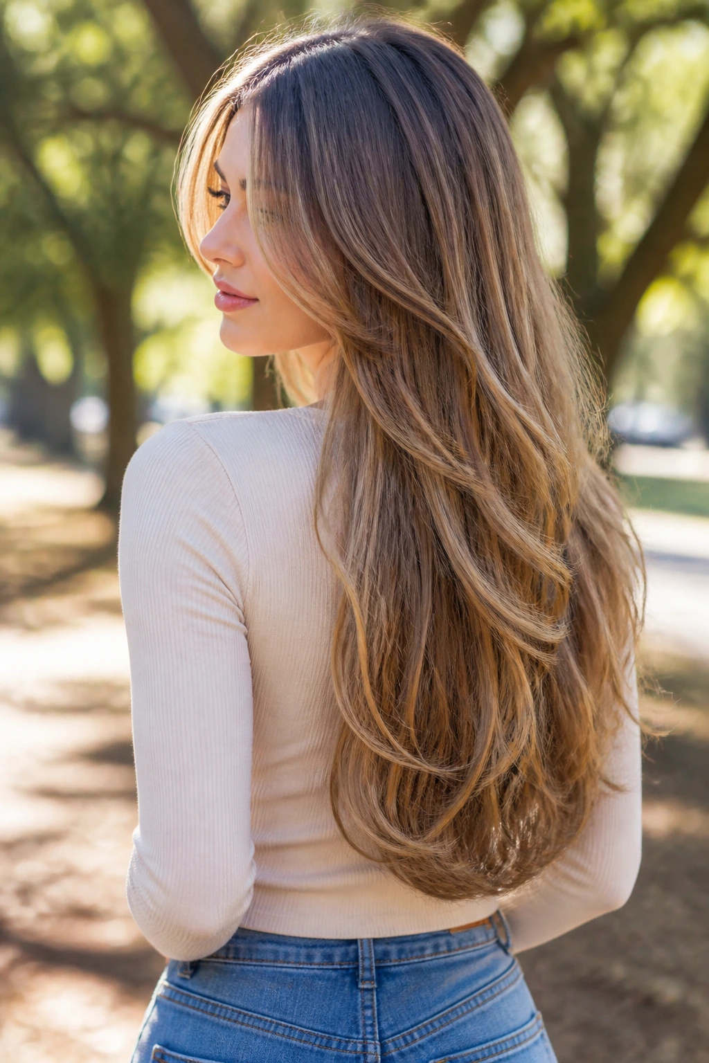 Real woman with a long U-shaped cut and kept-length ends seen from side/back.