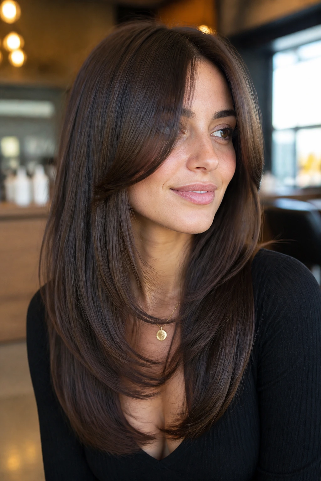 Close-up of a real person with a U-Shaped Long Cut showing inward curves and fuller back, in a salon