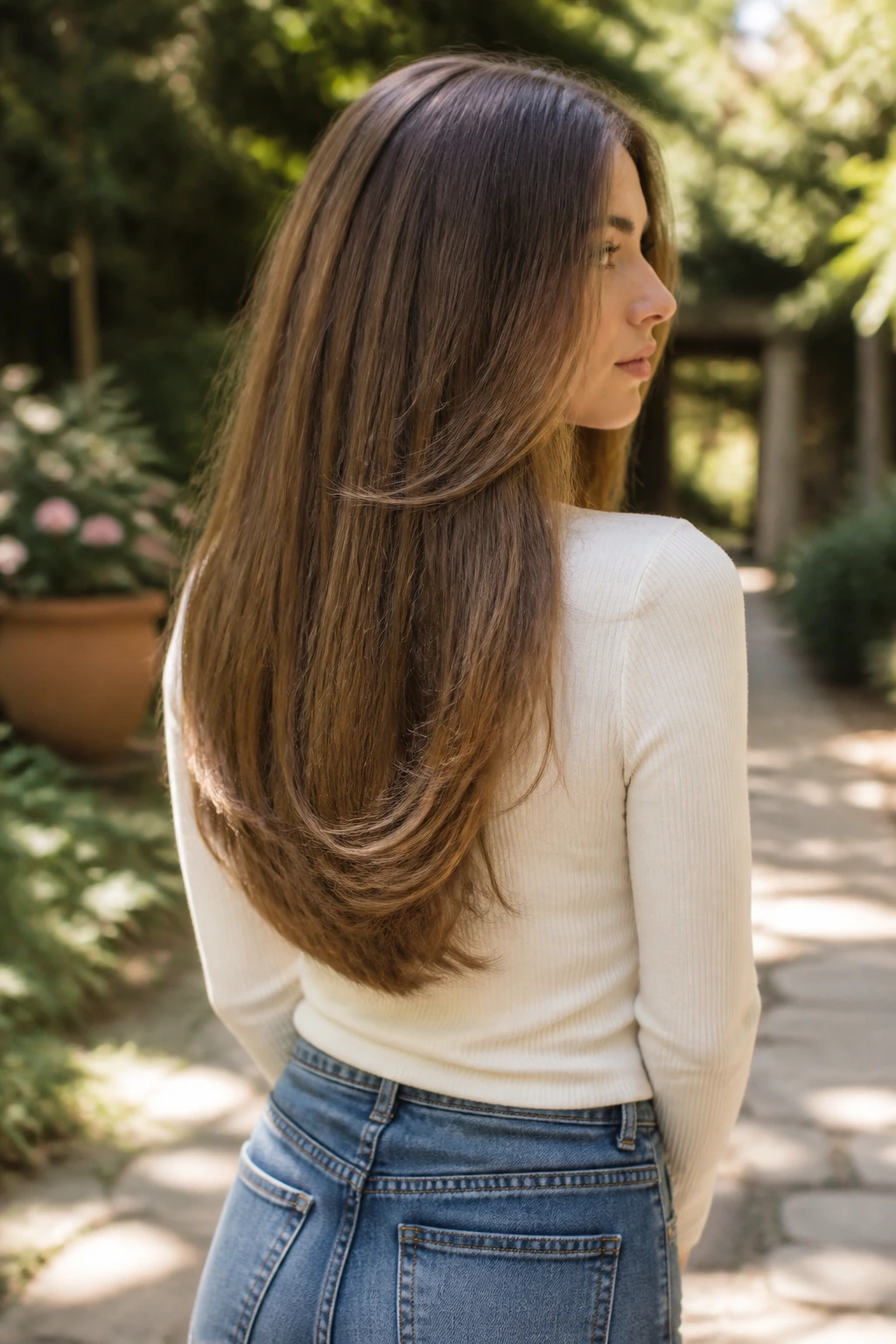 Three-quarter back portrait of a real woman with a U-shaped long cut and soft movement