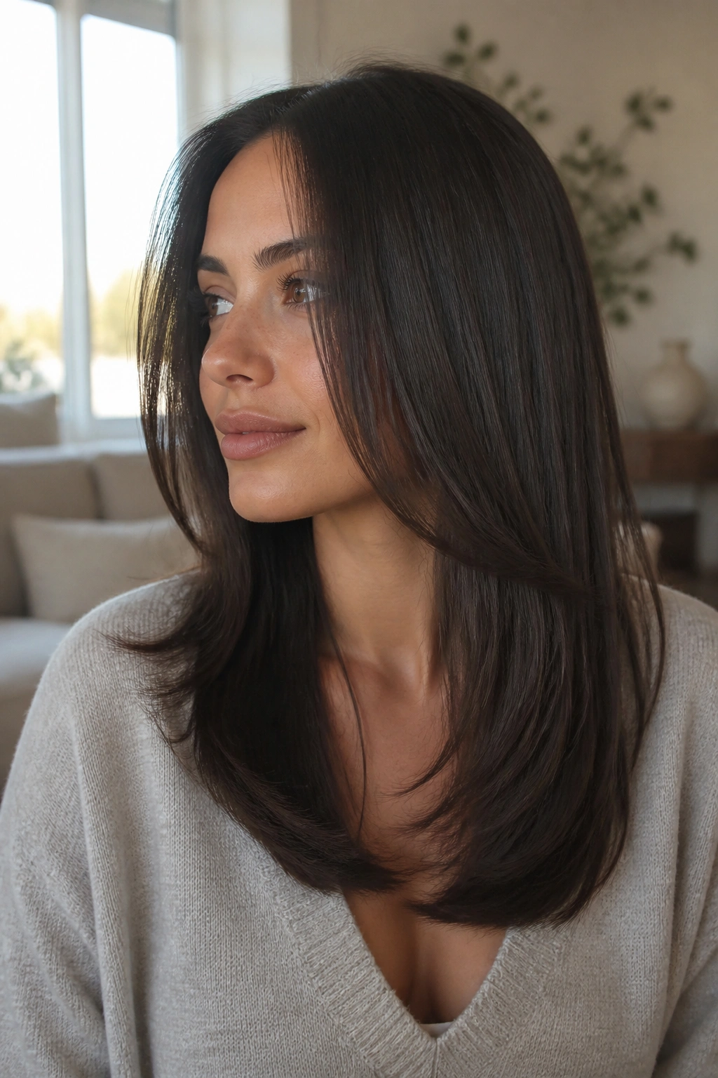 Close-up portrait of a real woman with a U-shaped long cut that keeps length near the back, chin-length front pieces