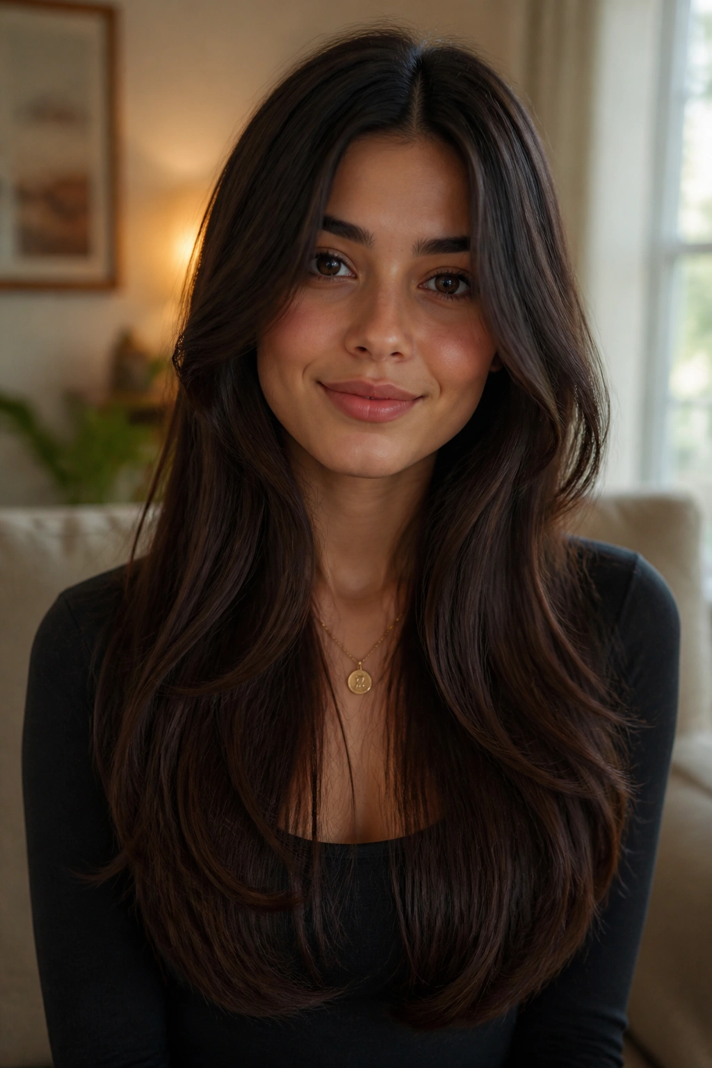 Close-up of a real woman with long hair in a U-shaped cut