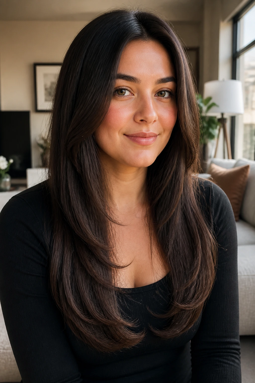 Close-up of real woman with a subtle U-shaped long cut and center part