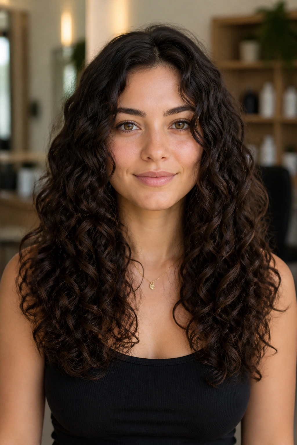 Woman with U-shaped long cut showing longer curls and curved silhouette