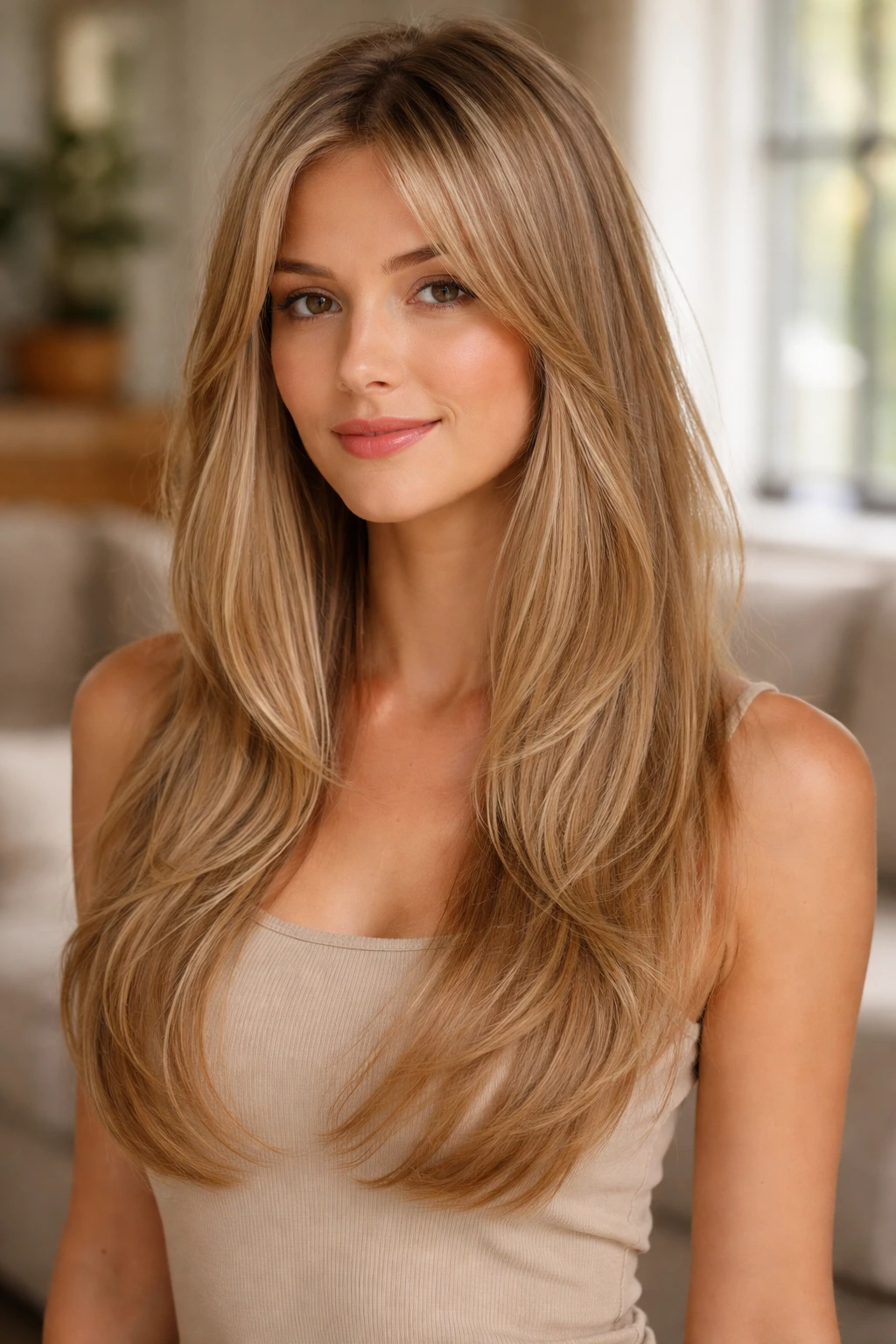 Close-up portrait of a real woman with a U-shaped long layered haircut on fine hair