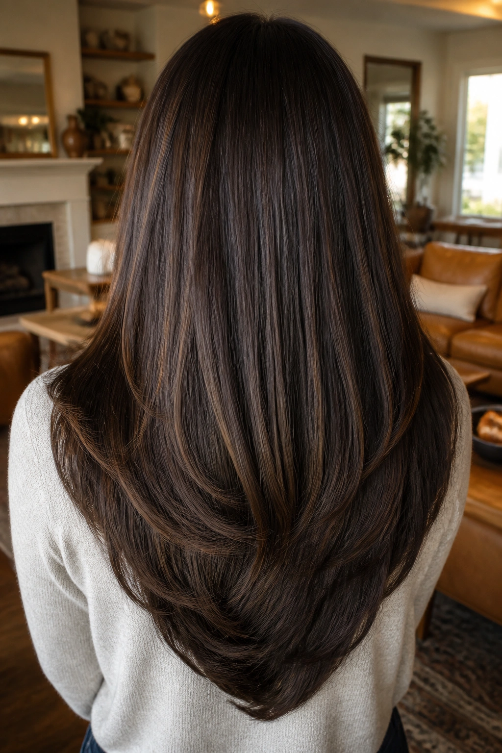 Back of head showing soft U-shaped long layers on real woman