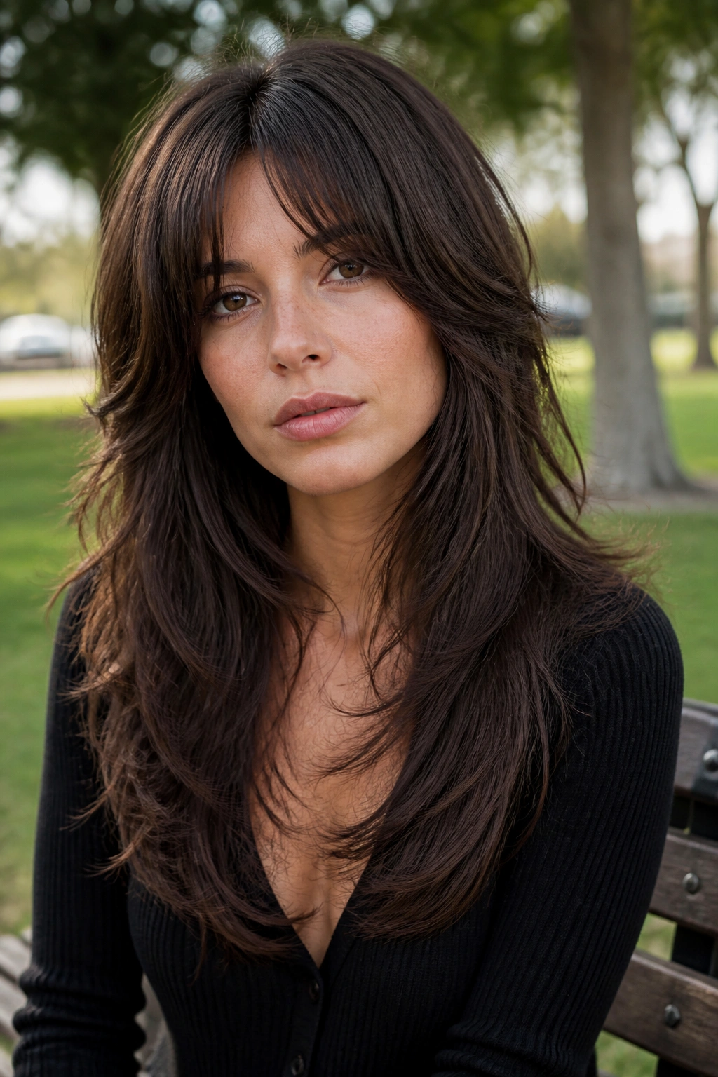 Close-up of a real woman with U-shaped long shag.