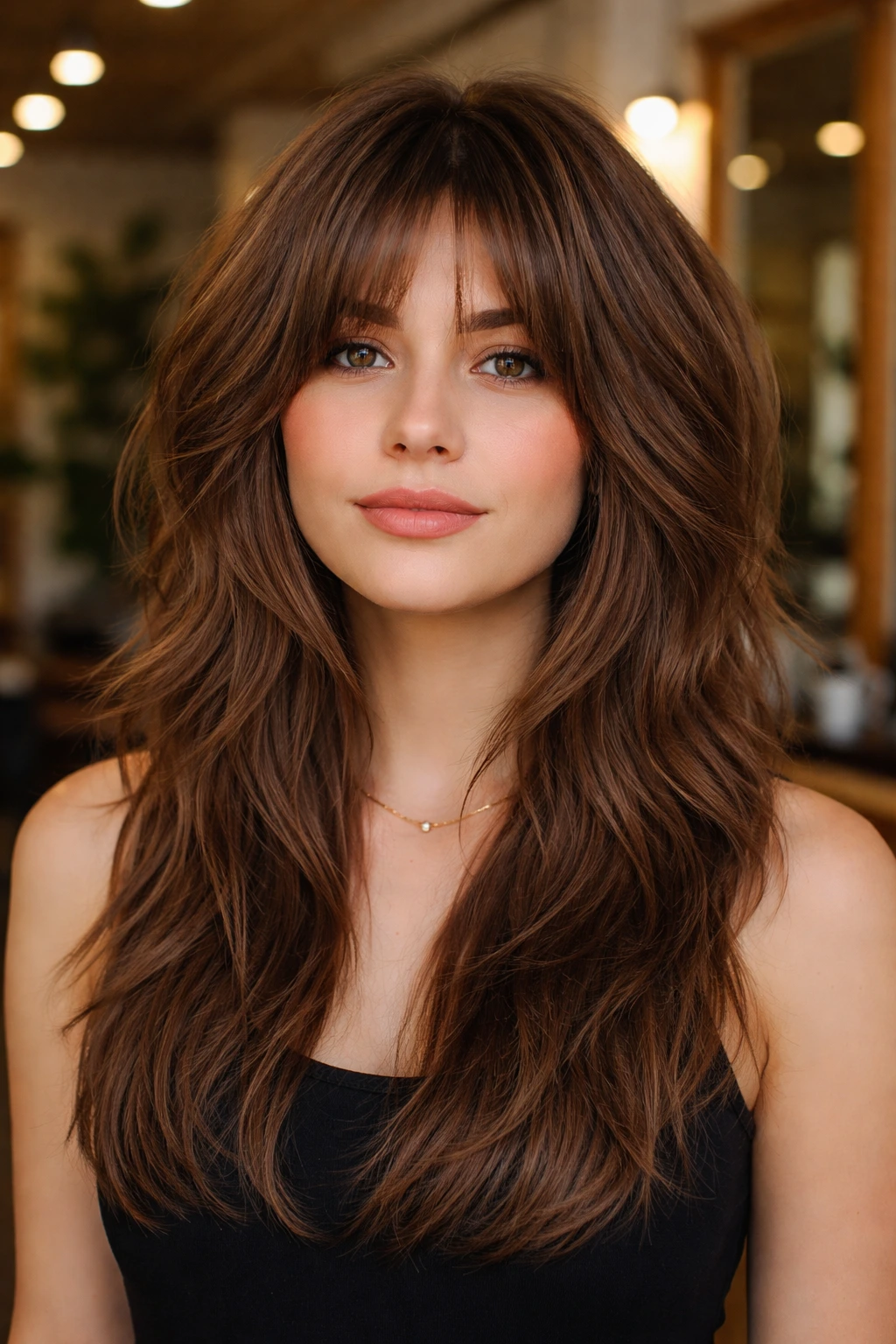 Close-up real woman with a U-shaped perimeter shag in brown hair